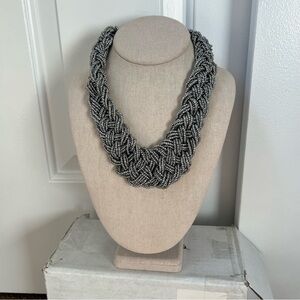 Silver tone metallic look seed bead twisted braided wide necklace collar bib